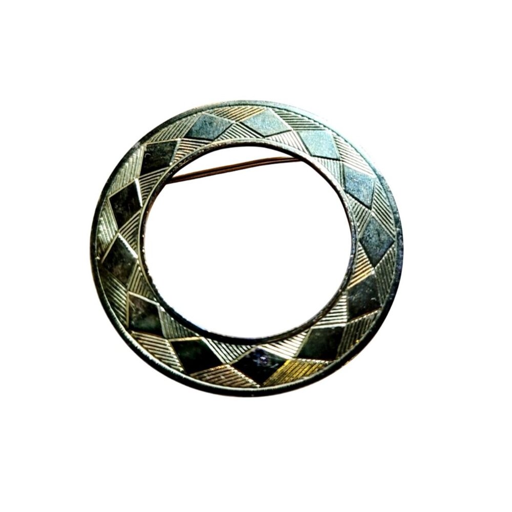 Vintage Gold Tone Round Brooch Pin Textured Diamond Pattern 1960s Classic Design